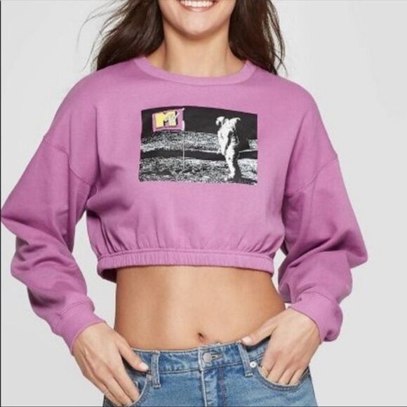 MTV Tops - MTV Mauve/Lilac Long Sleeve Crop Sweatshirt Astronaut on Moon